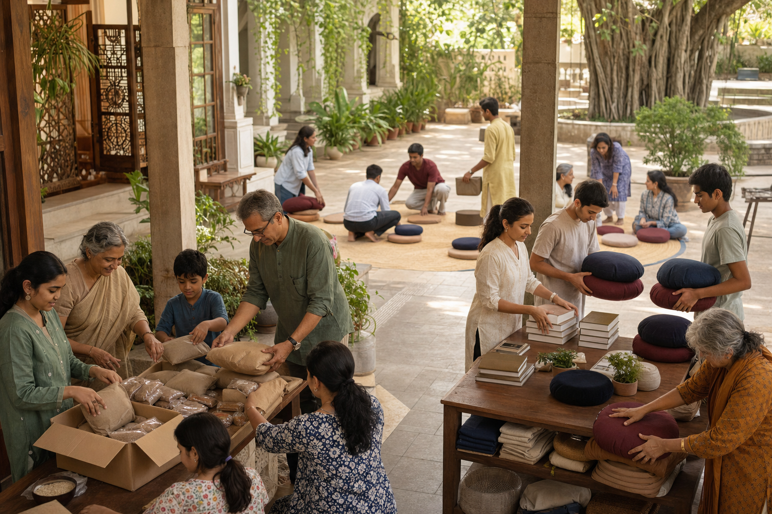 Volunteers of different generations prepare food parcels, organize books and cushions, and arrange a meeting circle together in a shared community hall.