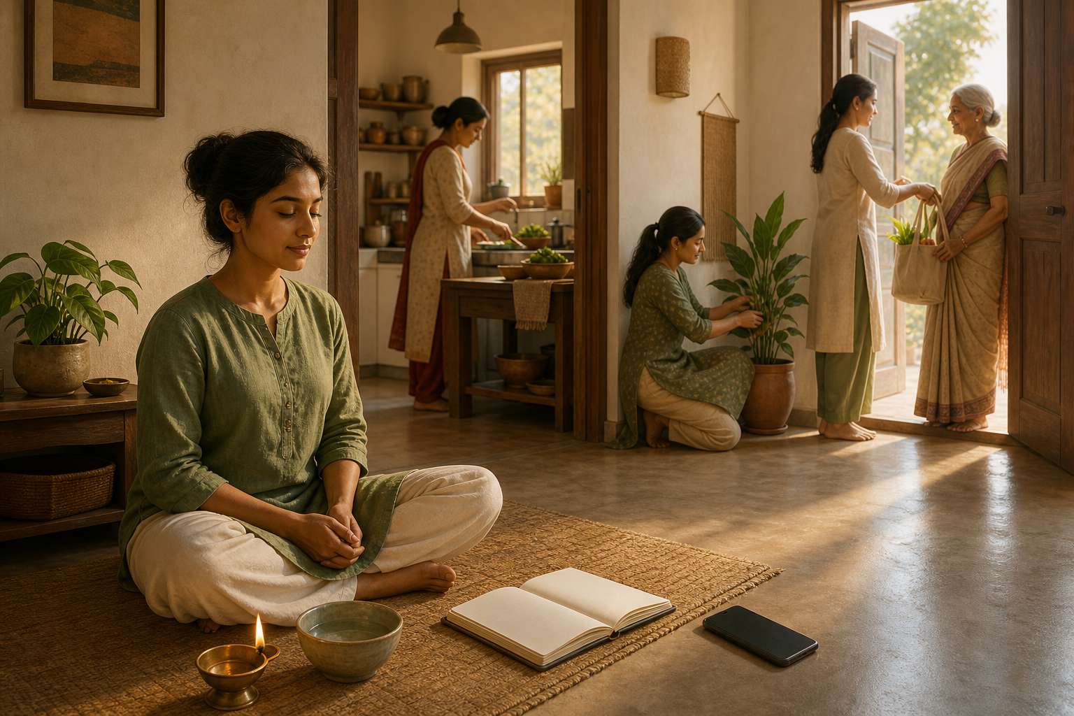 At dawn, a person sits beside an oil lamp, blank journal, and face-down phone while nearby scenes show meal preparation, plant care, and help offered to an older neighbor.