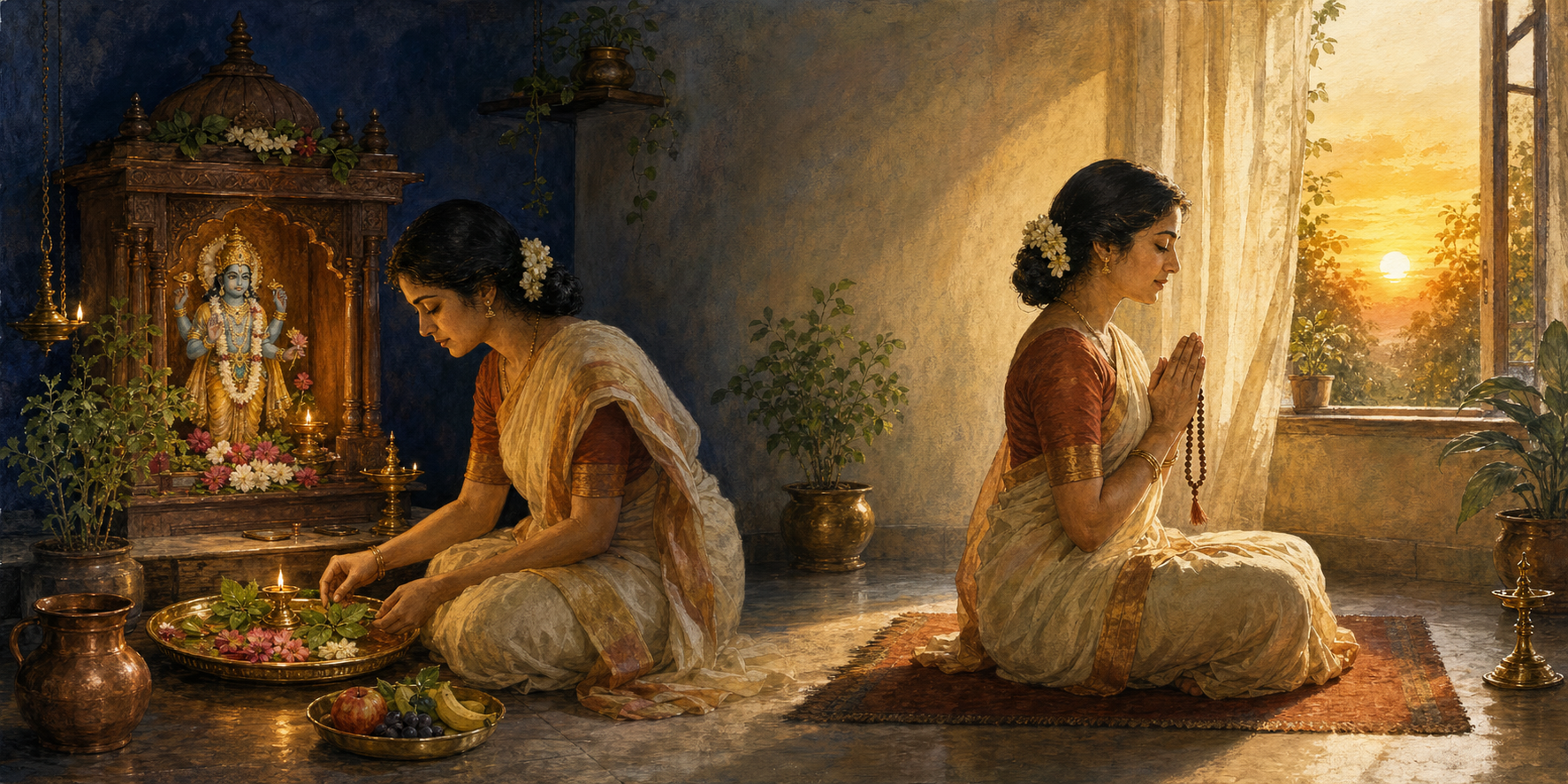 A devotee prepares a home shrine in the evening and prays at sunrise with an oil lamp, tulsi leaves, fruit, and a copper water vessel.
