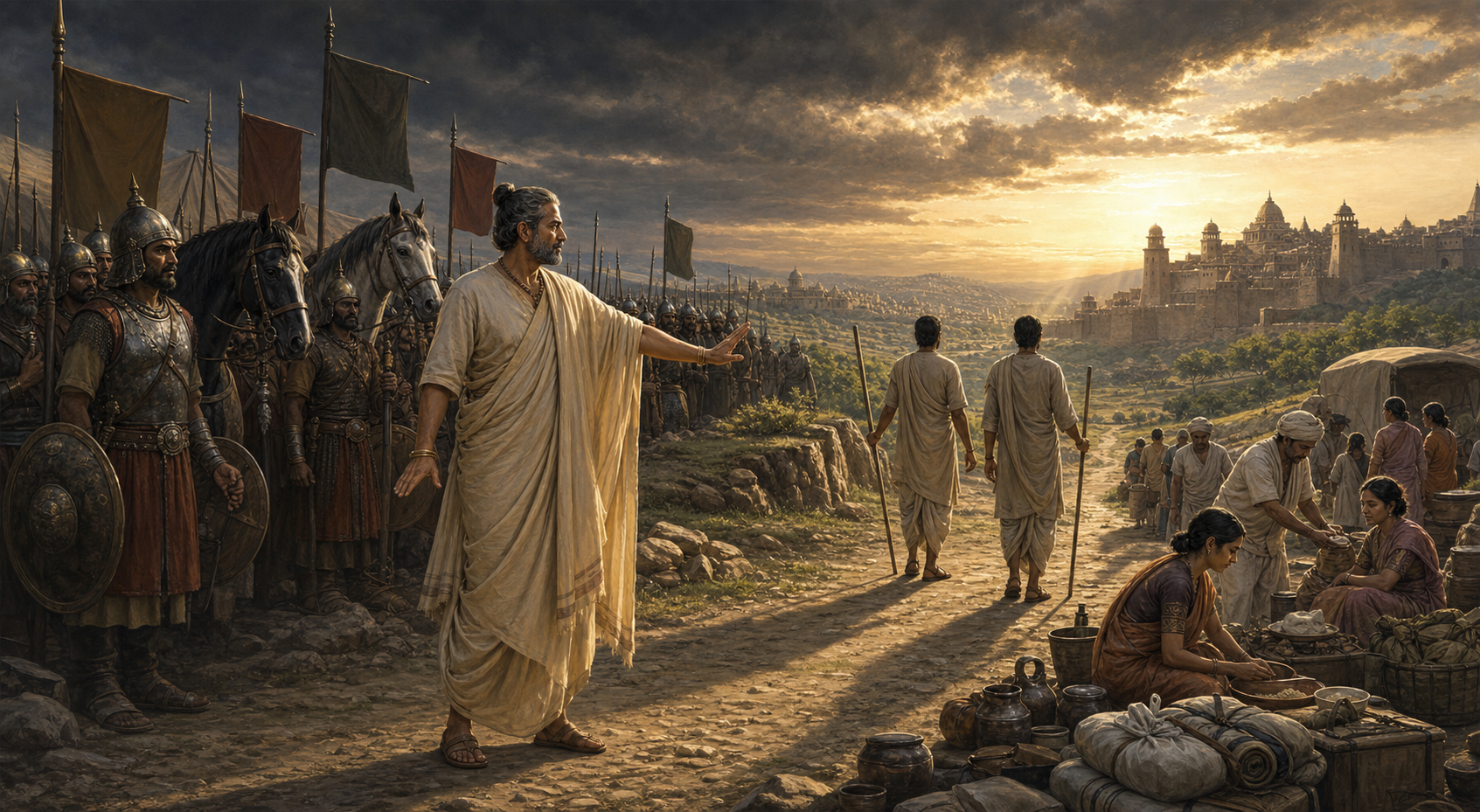 A statesman holds troops back at dawn while unarmed envoys depart toward a fortified city and attendants prepare aid for civilians.