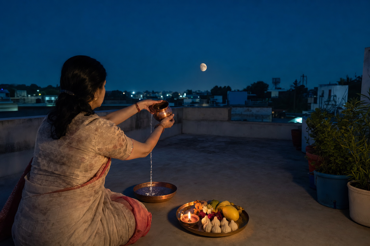 A devotee pours water from a copper vessel as an offering to the rising waning gibbous moon on a home terrace.