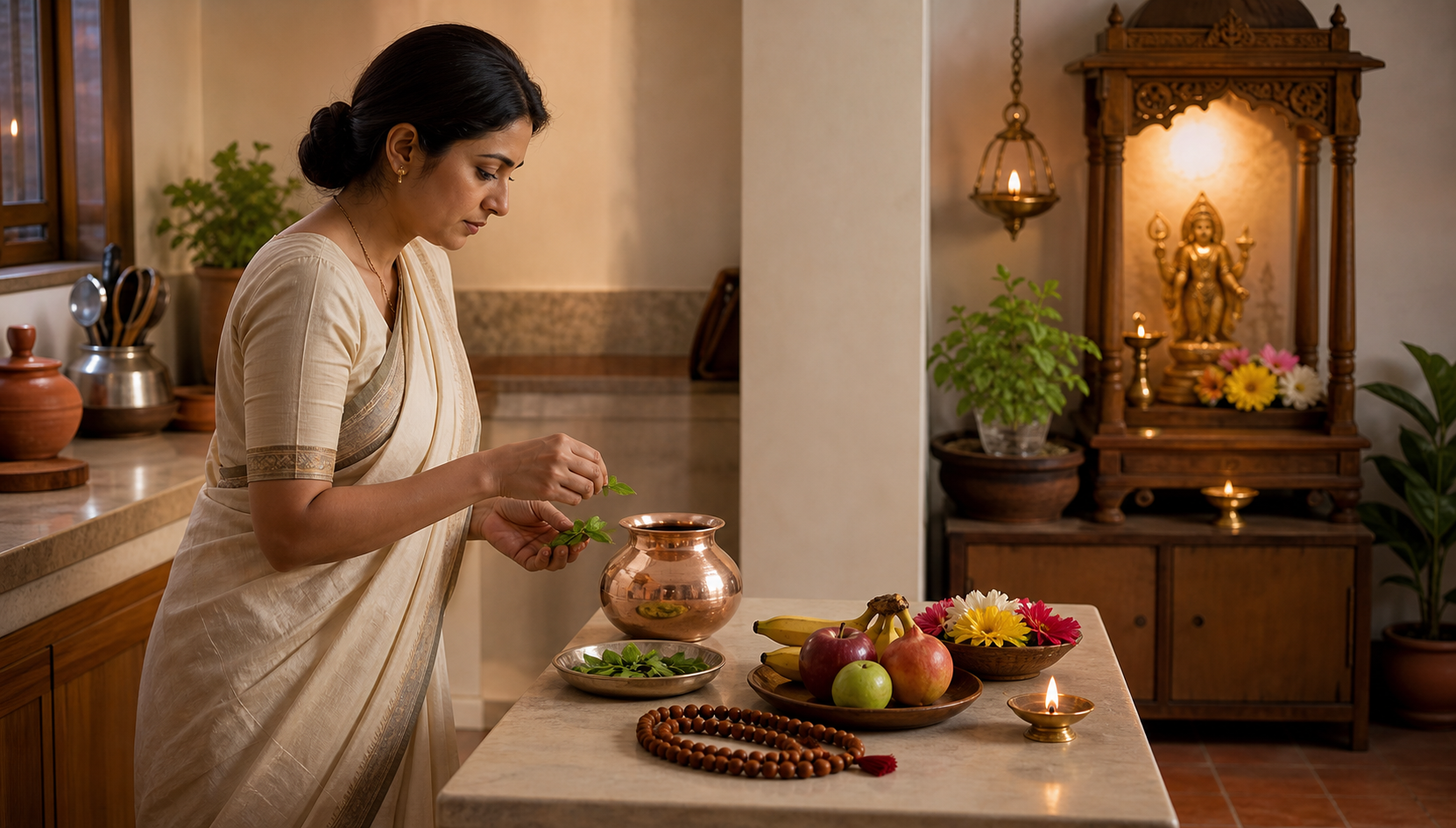 An evening prayer corner prepared with fruit, water, tulsi leaves, flowers, prayer beads, and a lit oil lamp.