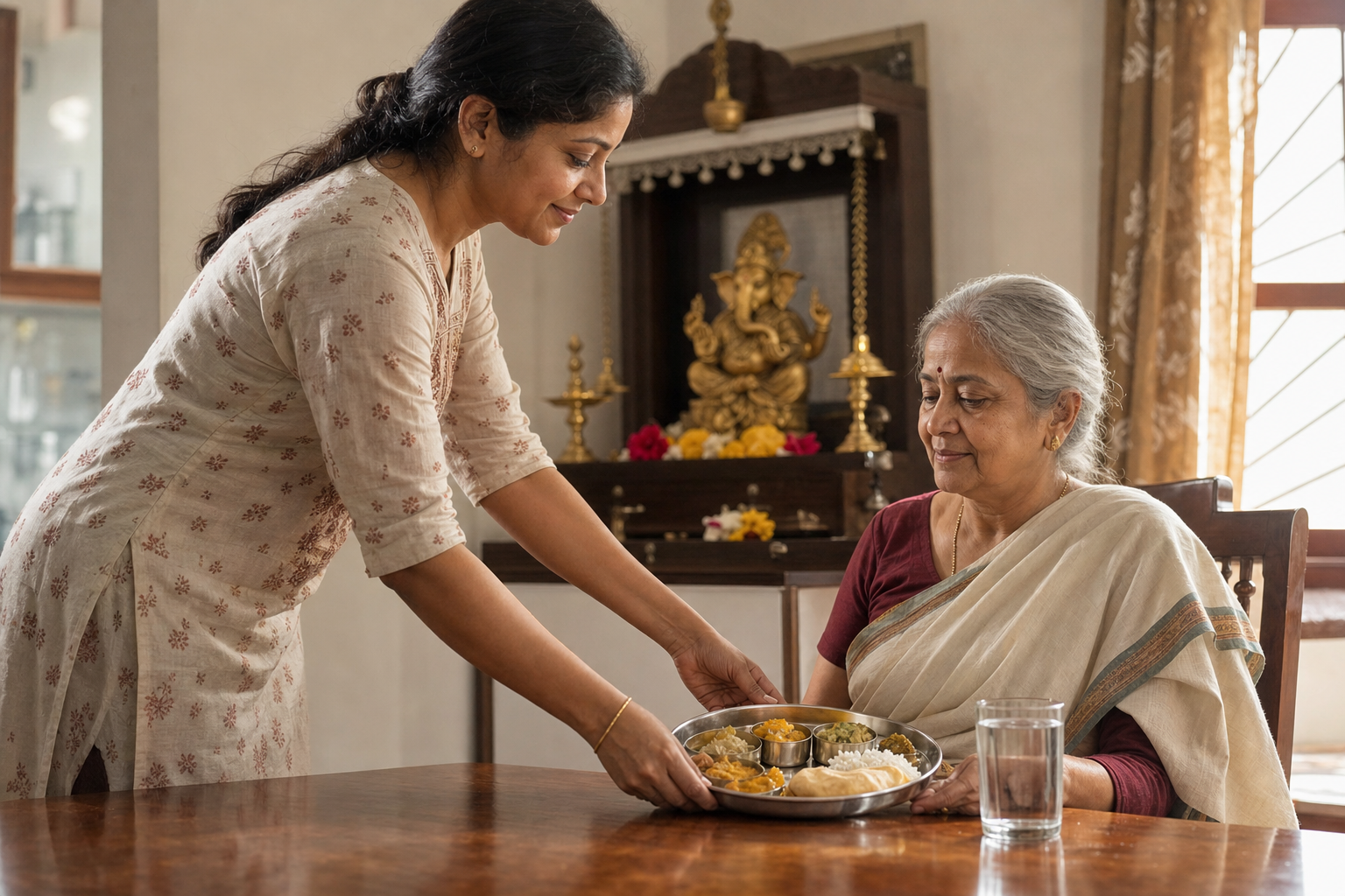 An adult serves a meal and water to an elderly family member while a small Ganesha shrine remains visible in the background.