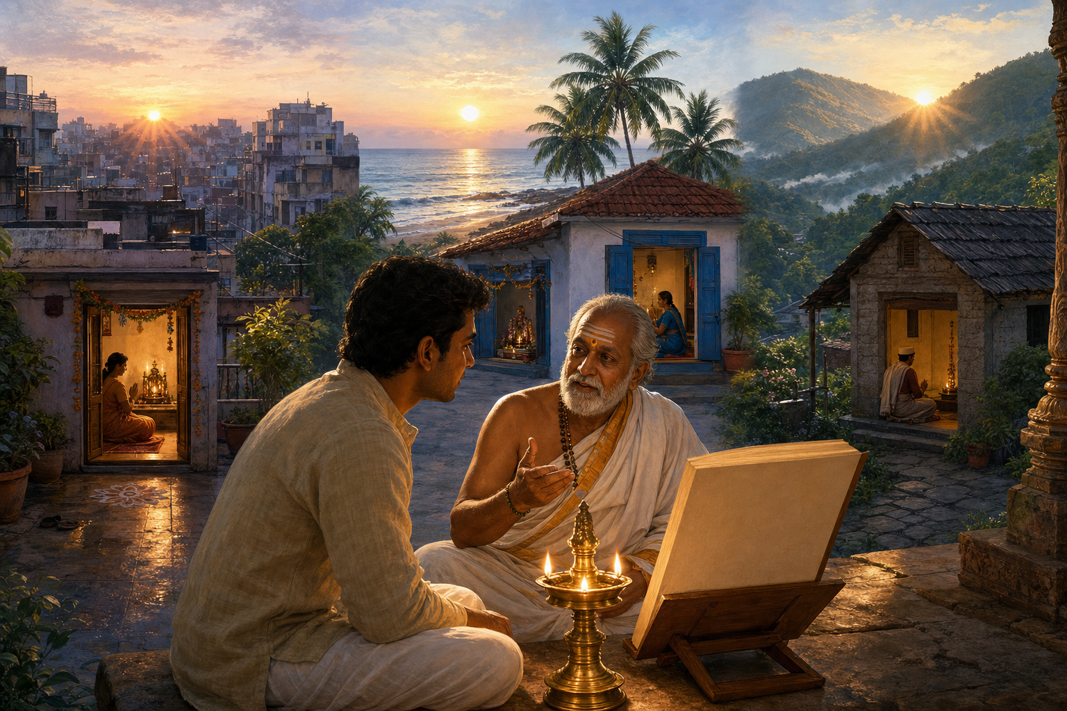 A devotee consults a temple elder while homes in city, coastal, and foothill settings receive sunrise differently.