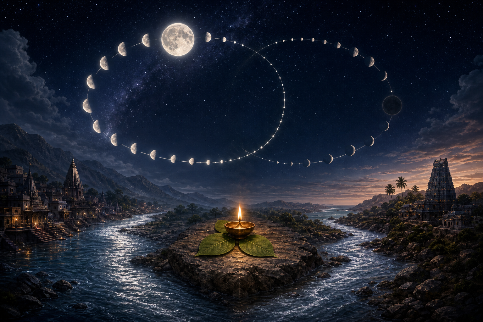 A lunar cycle with full-moon and new-moon arcs above two rivers flowing around a shared devotional island.