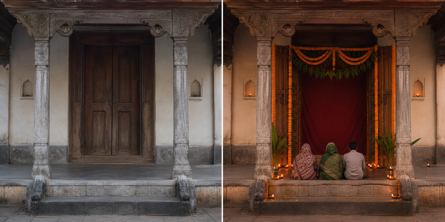 Two views of the same Odisha shrine doorway show it closed in the quiet season and decorated and open at the outer threshold during Navratri.