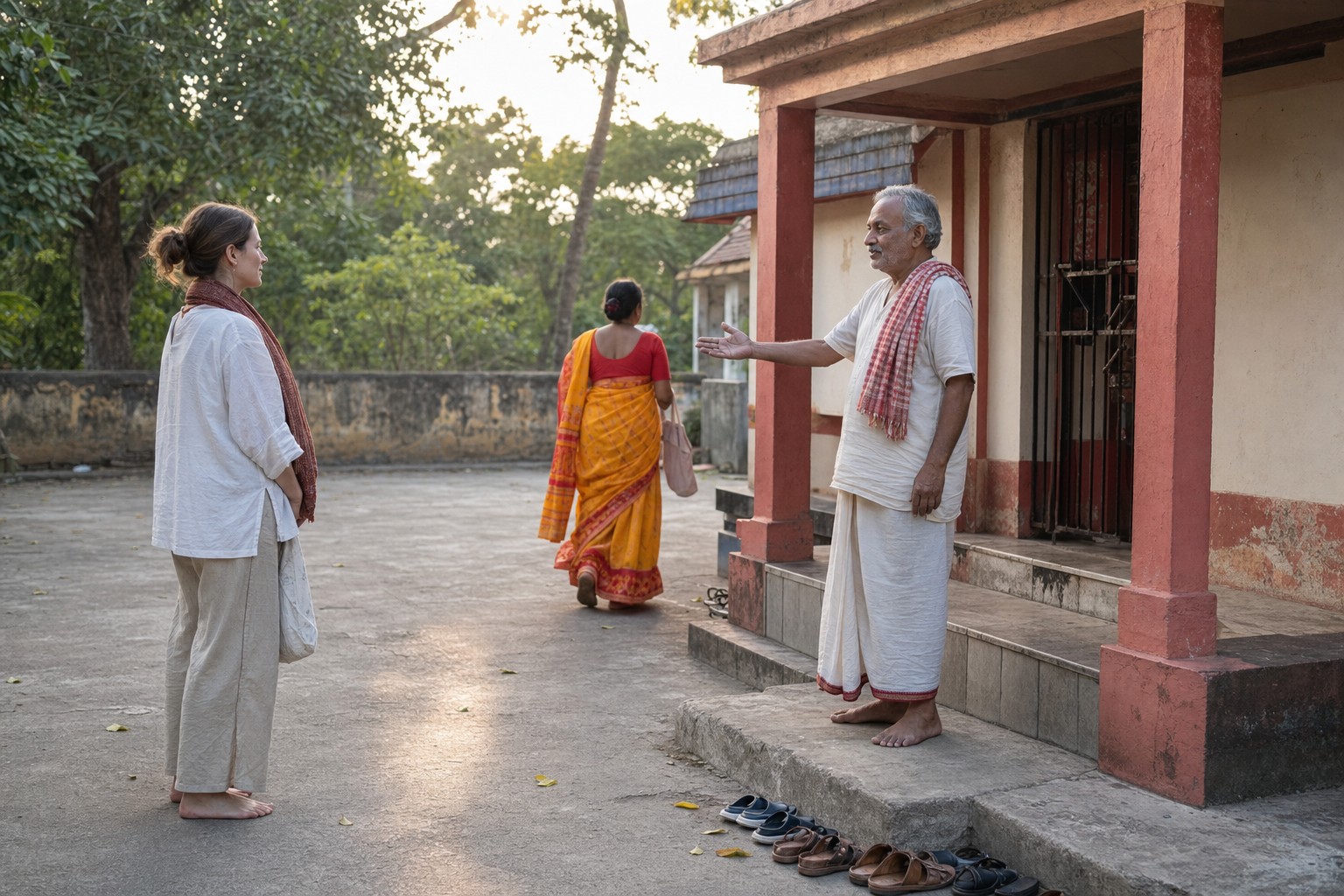 A visitor with shoes removed and phone put away listens to a local caretaker while leaving the shrine entrance clear for worshippers.