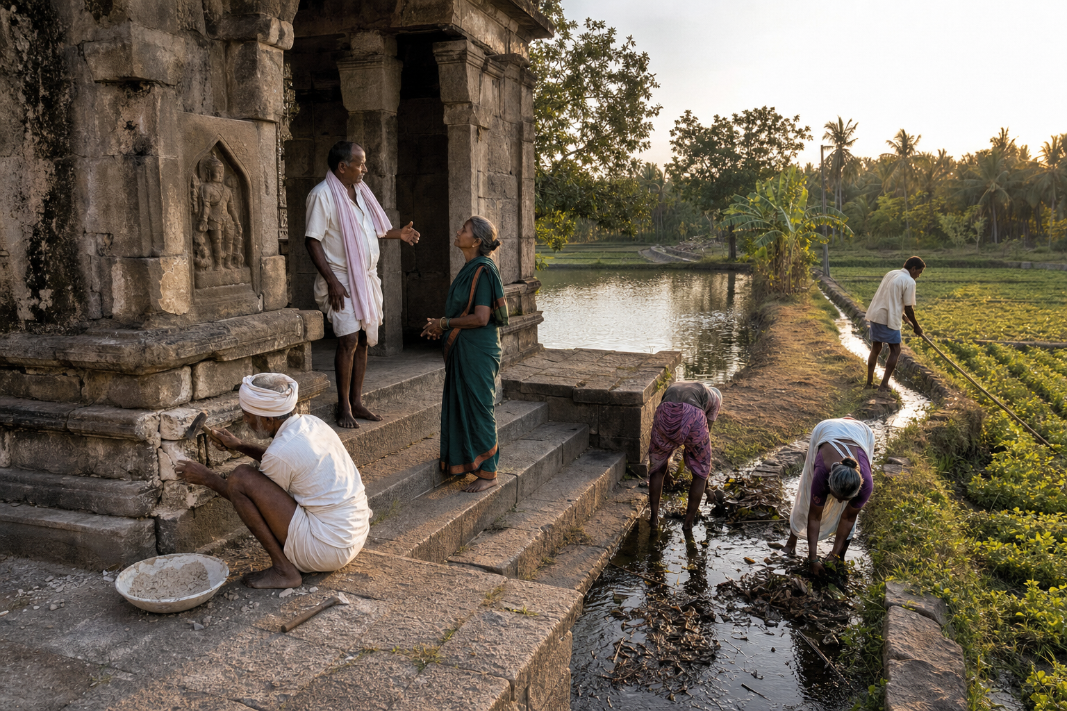 Residents, a mason, a farmer, and a caretaker work together to maintain an old temple, its water channel, and the surrounding fields.