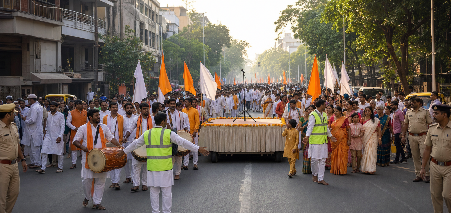 A peaceful religious procession moves through an Indian city street while volunteers maintain clear lanes and police manage traffic nearby.