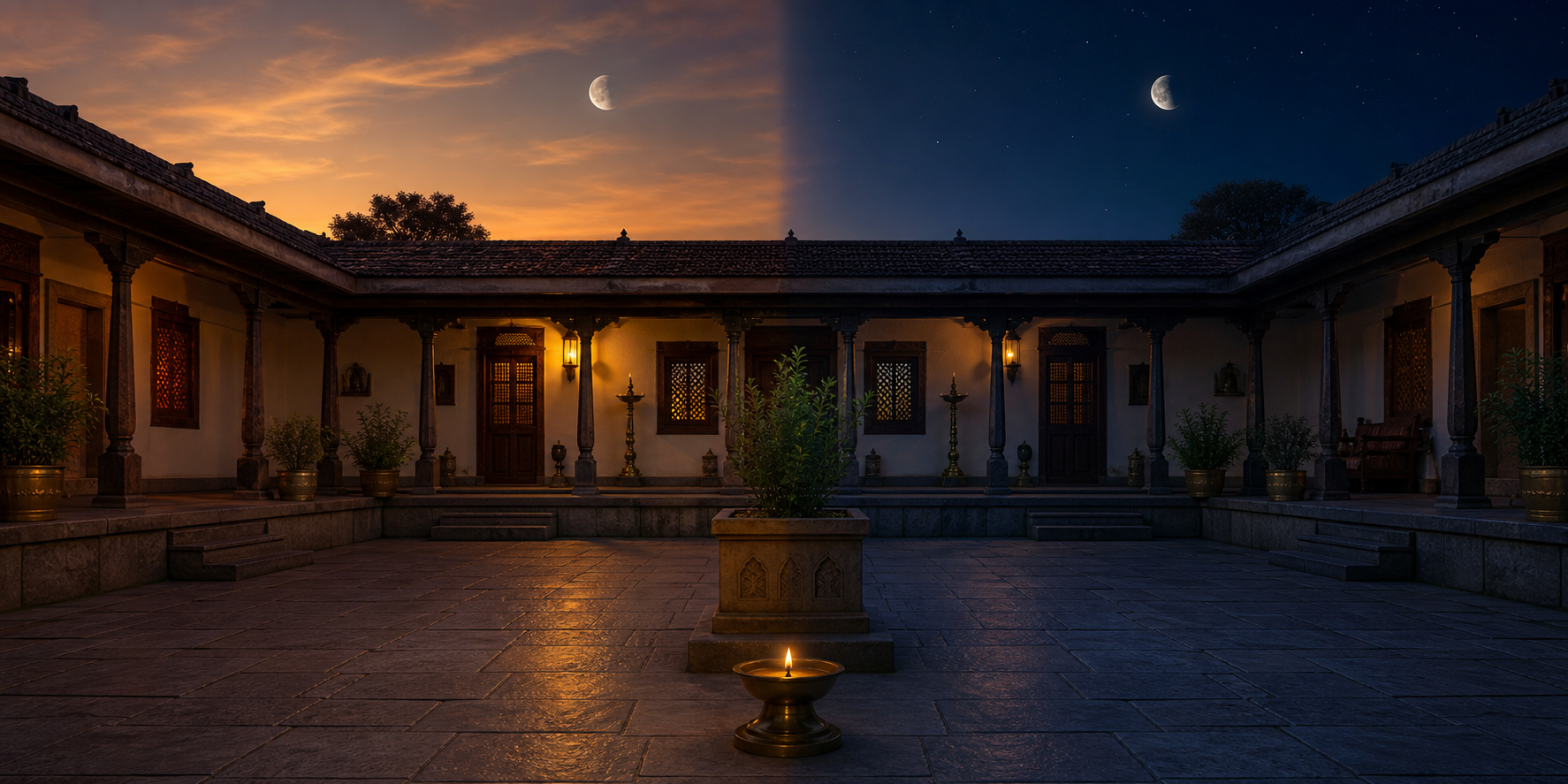 A continuous Indian courtyard shifts from warm dusk on the left to blue night on the right, with a brass lamp and waning moon linking both sides.