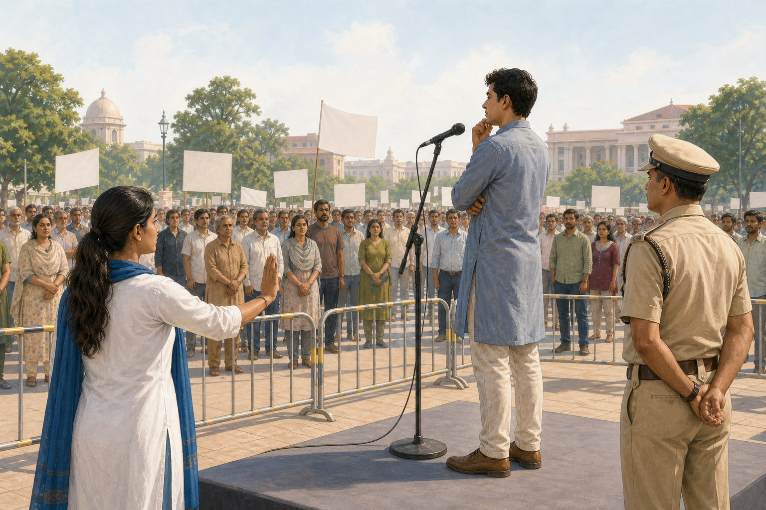 A procession speaker pauses at an outdoor microphone as a volunteer marshal and police liaison monitor a calm public gathering.