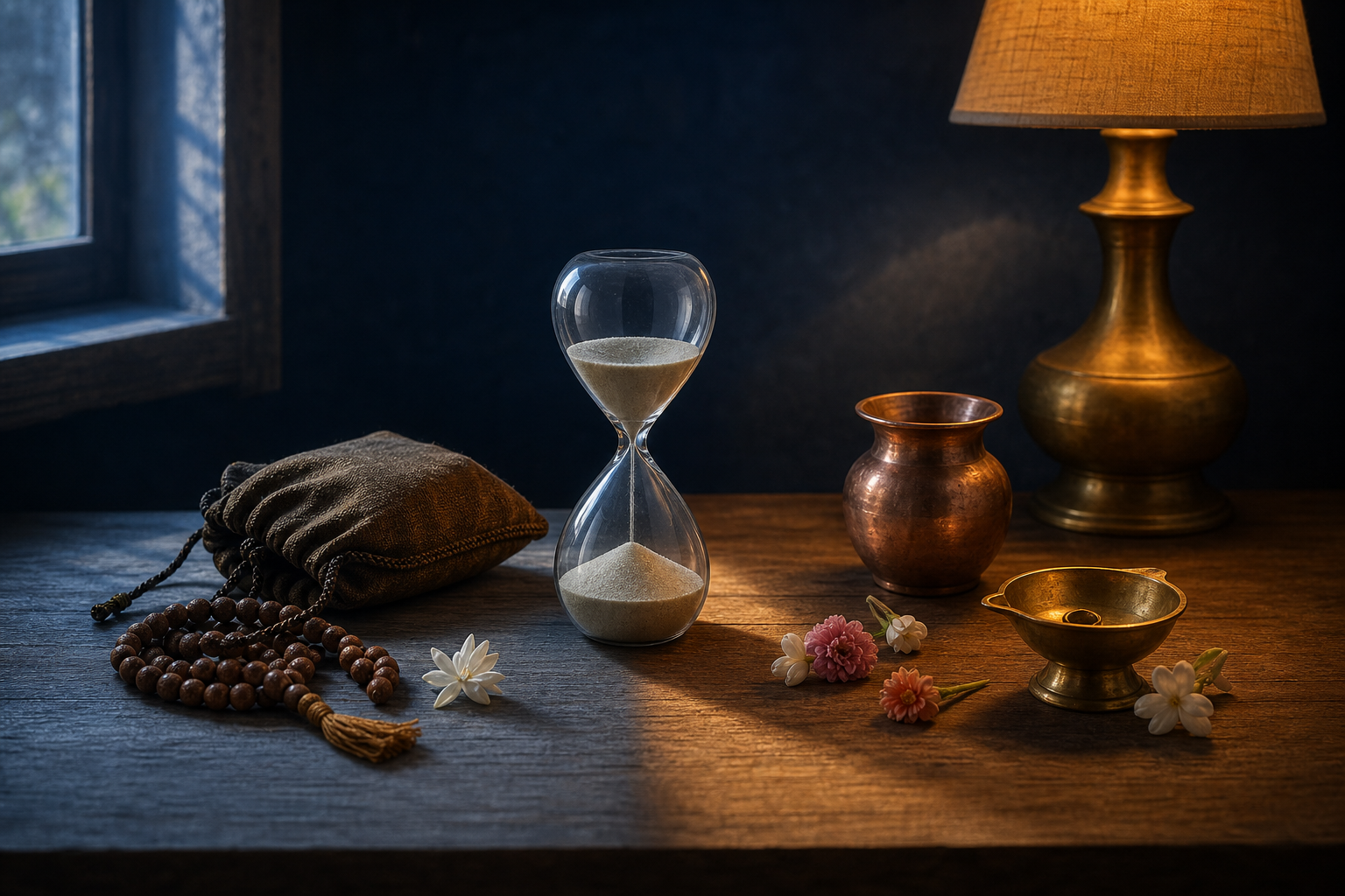 An unmarked sand timer separates fading daylight from lamplight beside unused prayer beads, flowers, a brass diya, and a copper vessel.
