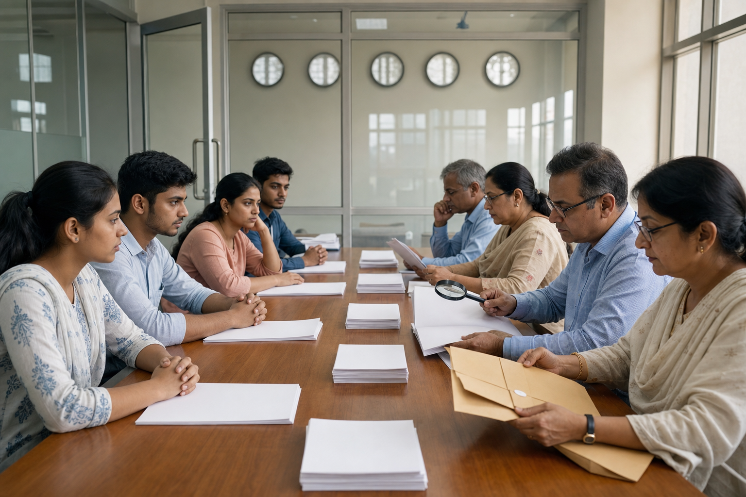 Students and faculty reviewers examine sealed, unmarked answer booklets together in a university review room.