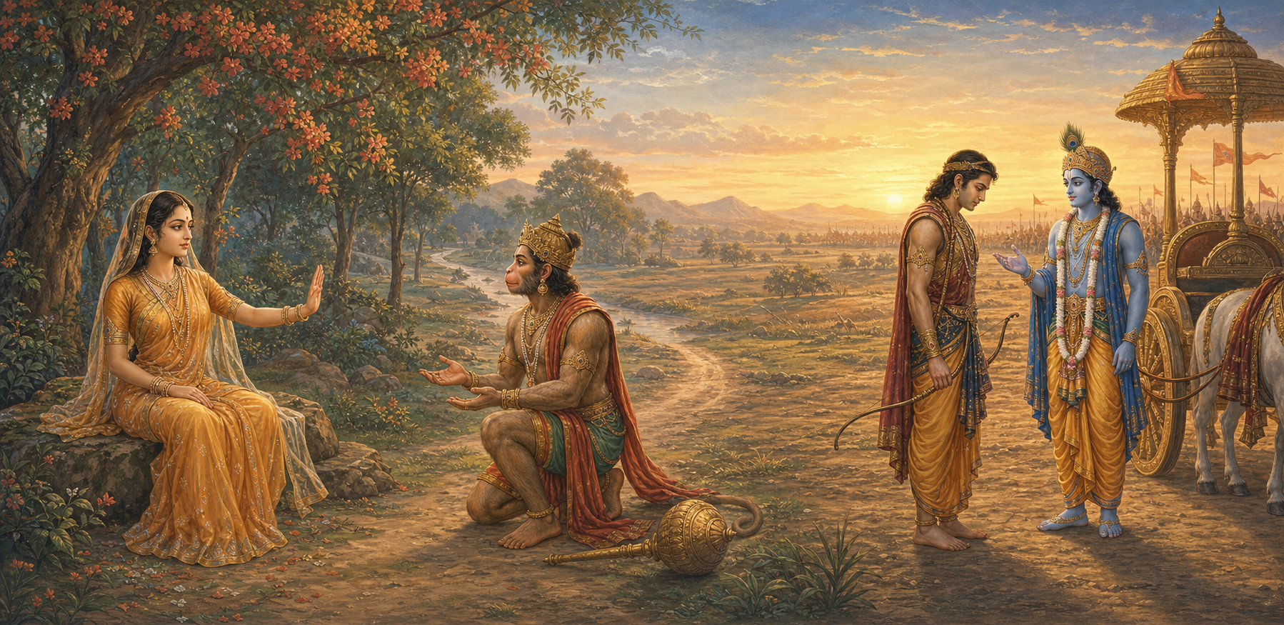 Sita raises an open hand beneath an ashoka tree, Hanuman kneels with his mace set aside, and Arjuna reflects beside a chariot as Krishna counsels him.