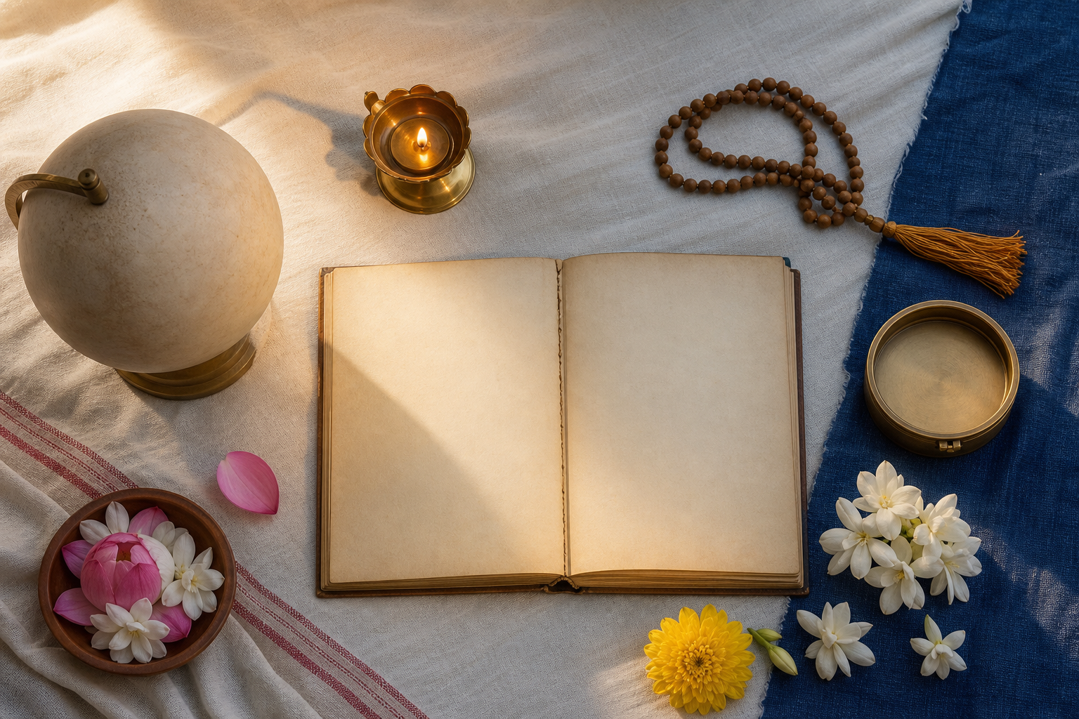 A blank almanac, unmarked compass, plain globe, brass lamp, prayer beads, and flowers are arranged on cotton cloth under mixed daylight and evening light.
