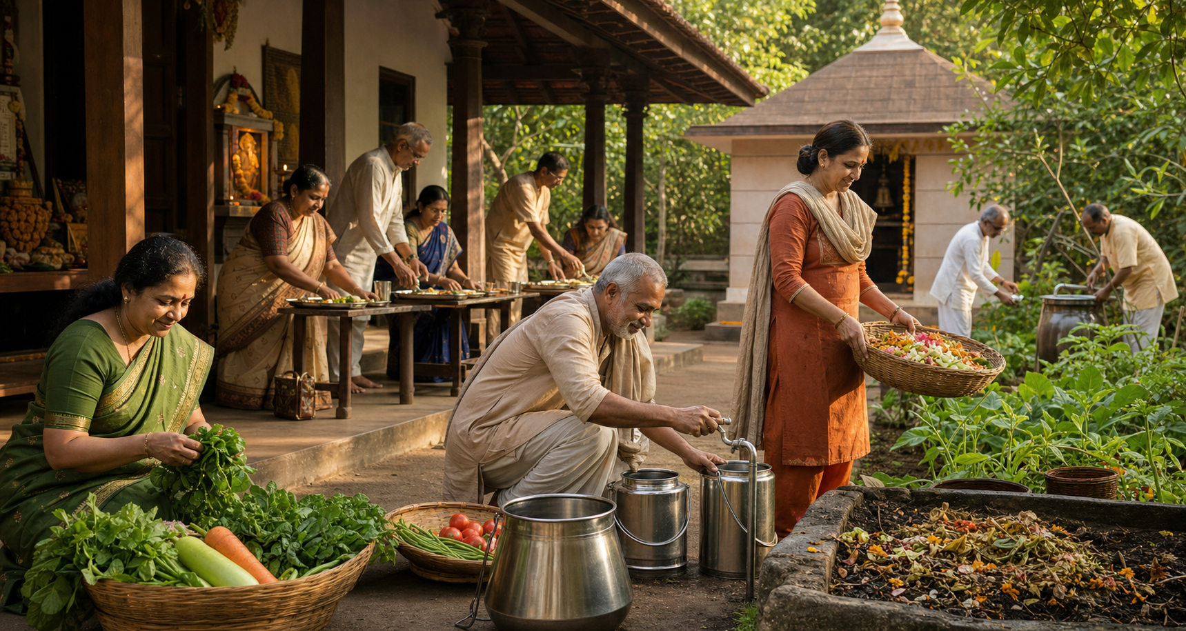 Volunteers serve prasadam, sort vegetables, compost flower remnants, and tend a garden in a sunlit temple courtyard.