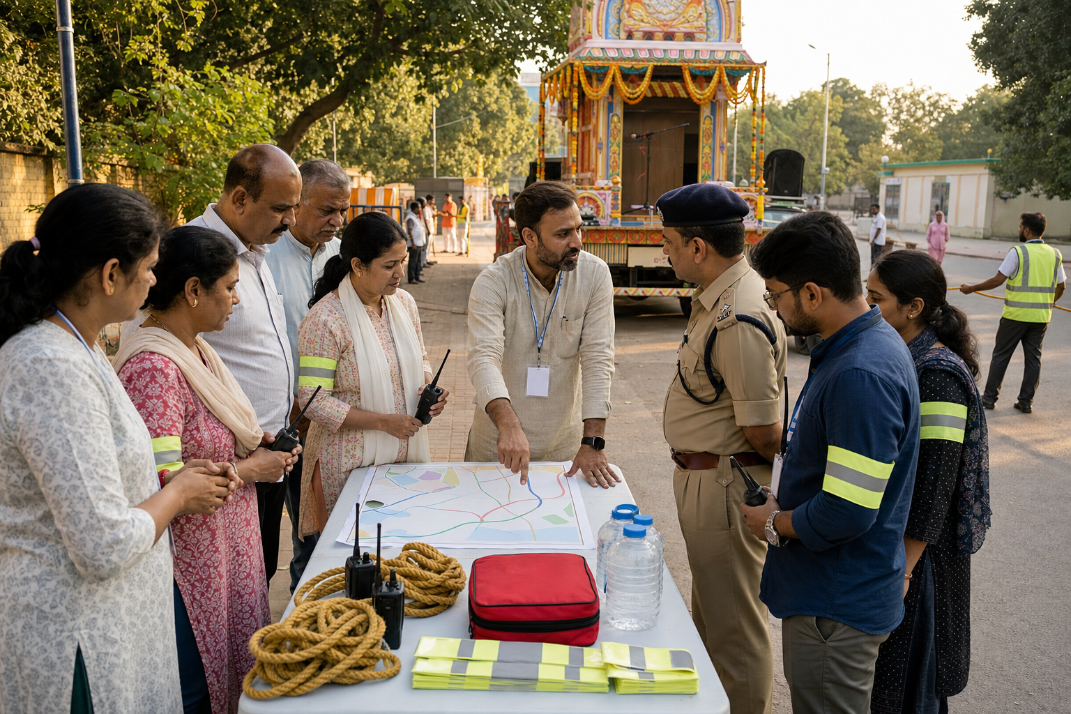 Procession organizers brief volunteer marshals beside first-aid supplies, water, radios, and an abstract route map before departure.