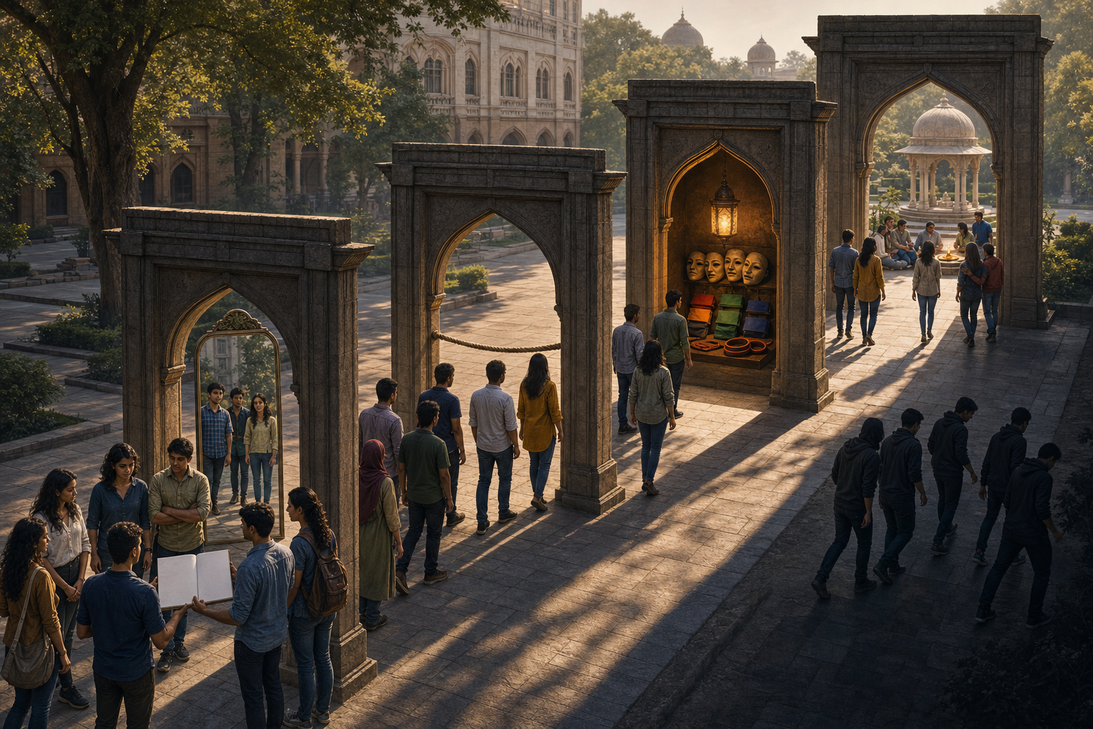 Students move through four symbolic stone gateways containing a mirror, a boundary rope, a lantern, and a protected oil lamp.