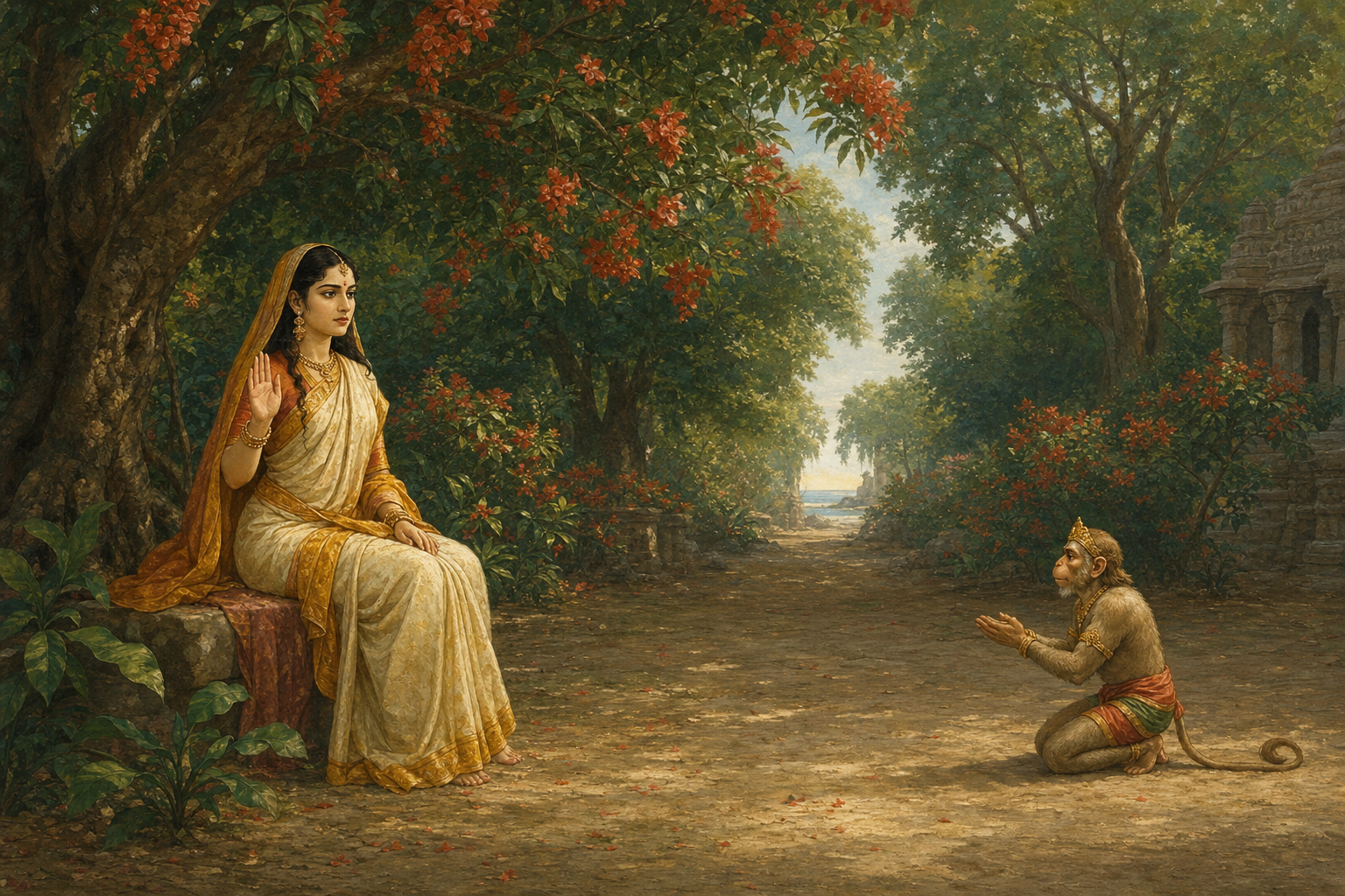 Sita sits beneath a flowering ashoka tree with one palm raised while Hanuman kneels at a respectful distance and listens.