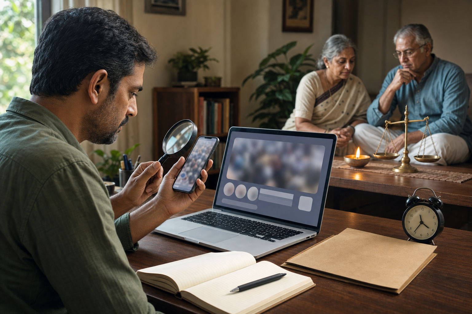 A person compares an unclear phone video with a laptop while two people reflect beside an oil lamp and balance scale.