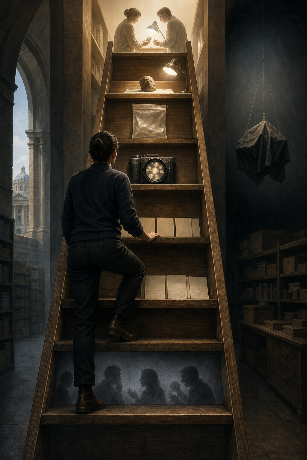 A researcher climbs a wooden ladder past rumors and unmarked accounts toward independently examined physical evidence in brighter light.