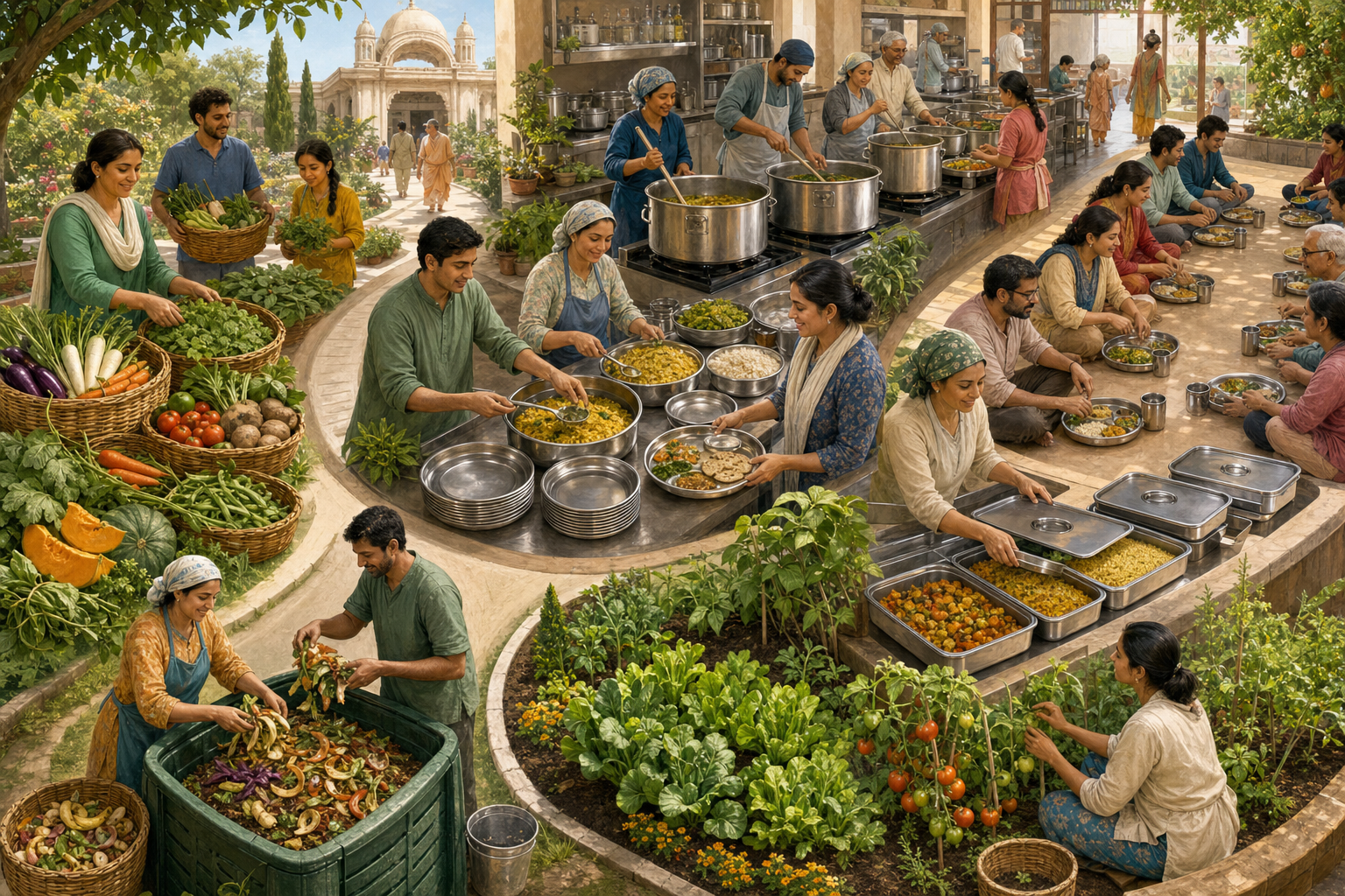 Illustrated sequence shows ingredients entering a community kitchen, prasadam being cooked and served, surplus stored, and vegetable scraps composted for a garden.