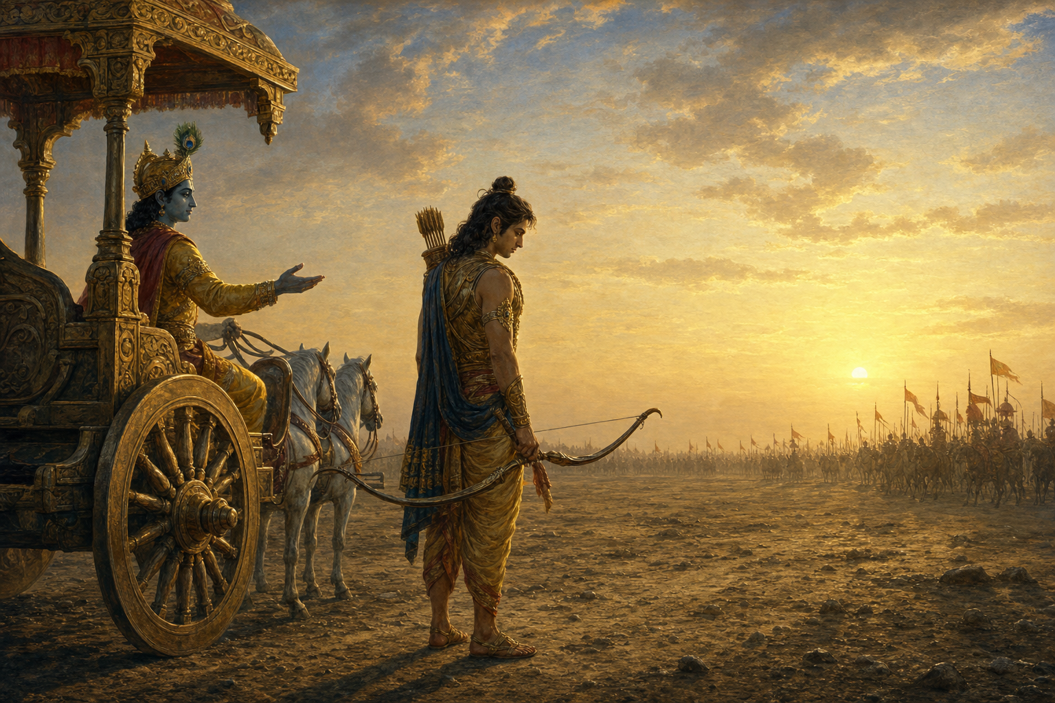 Arjuna stands with his bow lowered beside a chariot while Krishna offers counsel and distant armies wait under the sunrise.
