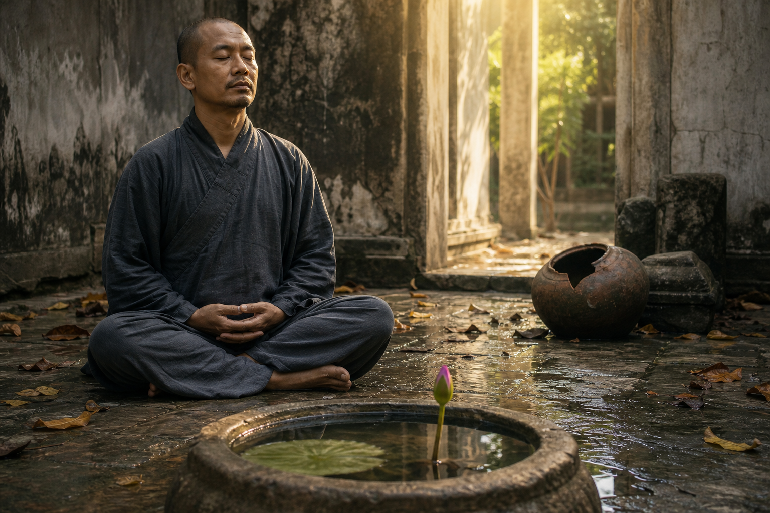 A seeker meditates in a rain-worn stone courtyard while sunlight falls across the figure and a lotus bud in a basin.