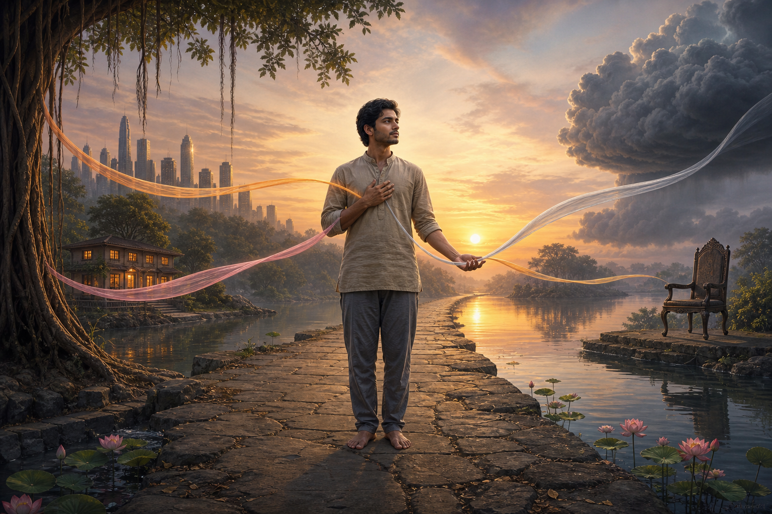 A person stands calmly beside a river at sunrise while luminous threads connect them loosely to a city, a home, an ornate chair, and storm clouds.