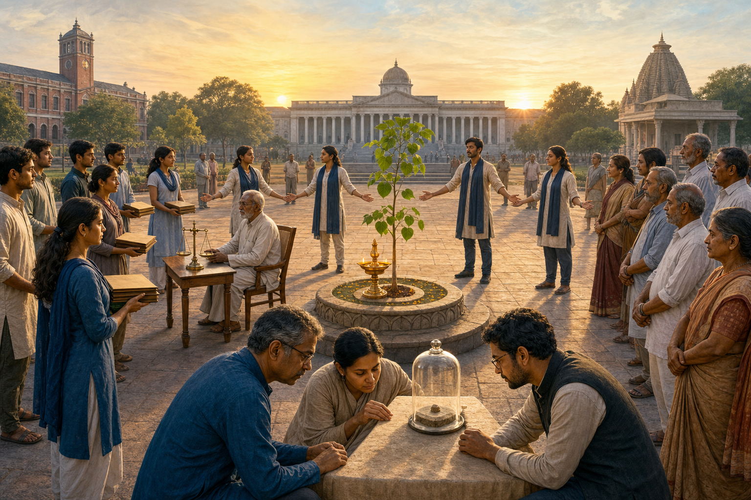 Students, stewards, and observers form a protective circle around a brass oil lamp and sapling while an examination grievance is heard beside a balance scale.