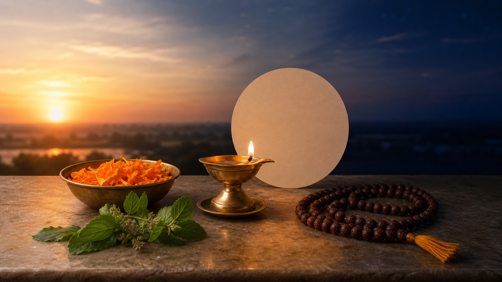 A brass diya, marigold petals, tulsi leaves, and prayer beads arranged in light that shifts from afternoon gold to evening blue.