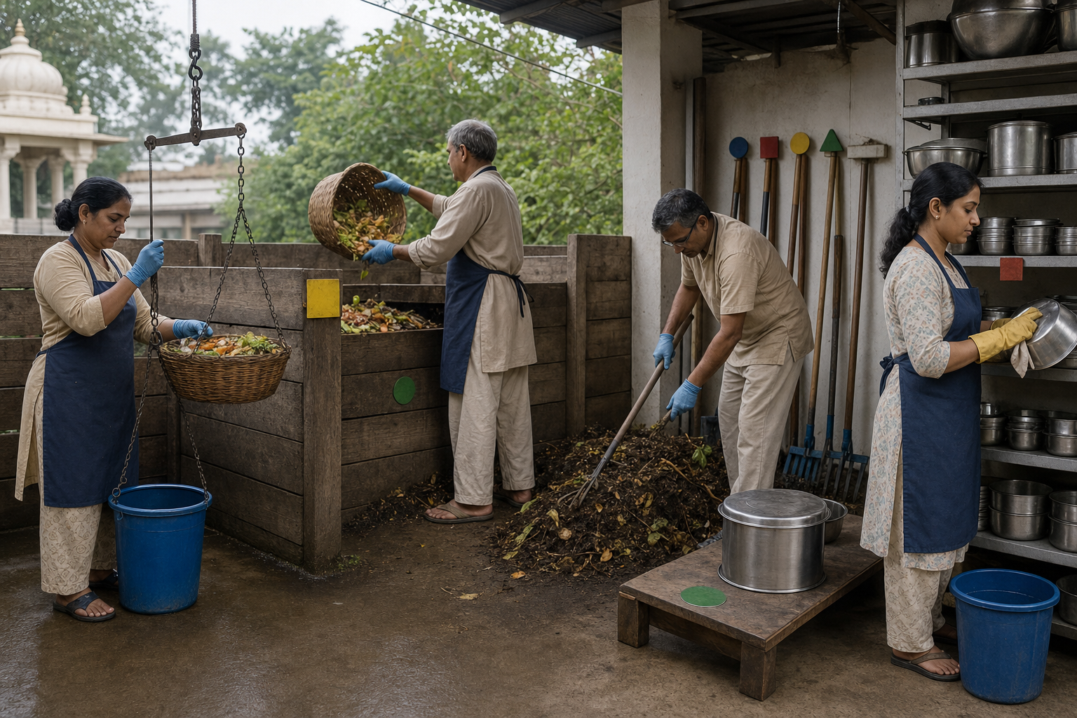 A seva team weighs kitchen scraps, maintains compost, cleans reusable vessels, and returns tools to organized storage.