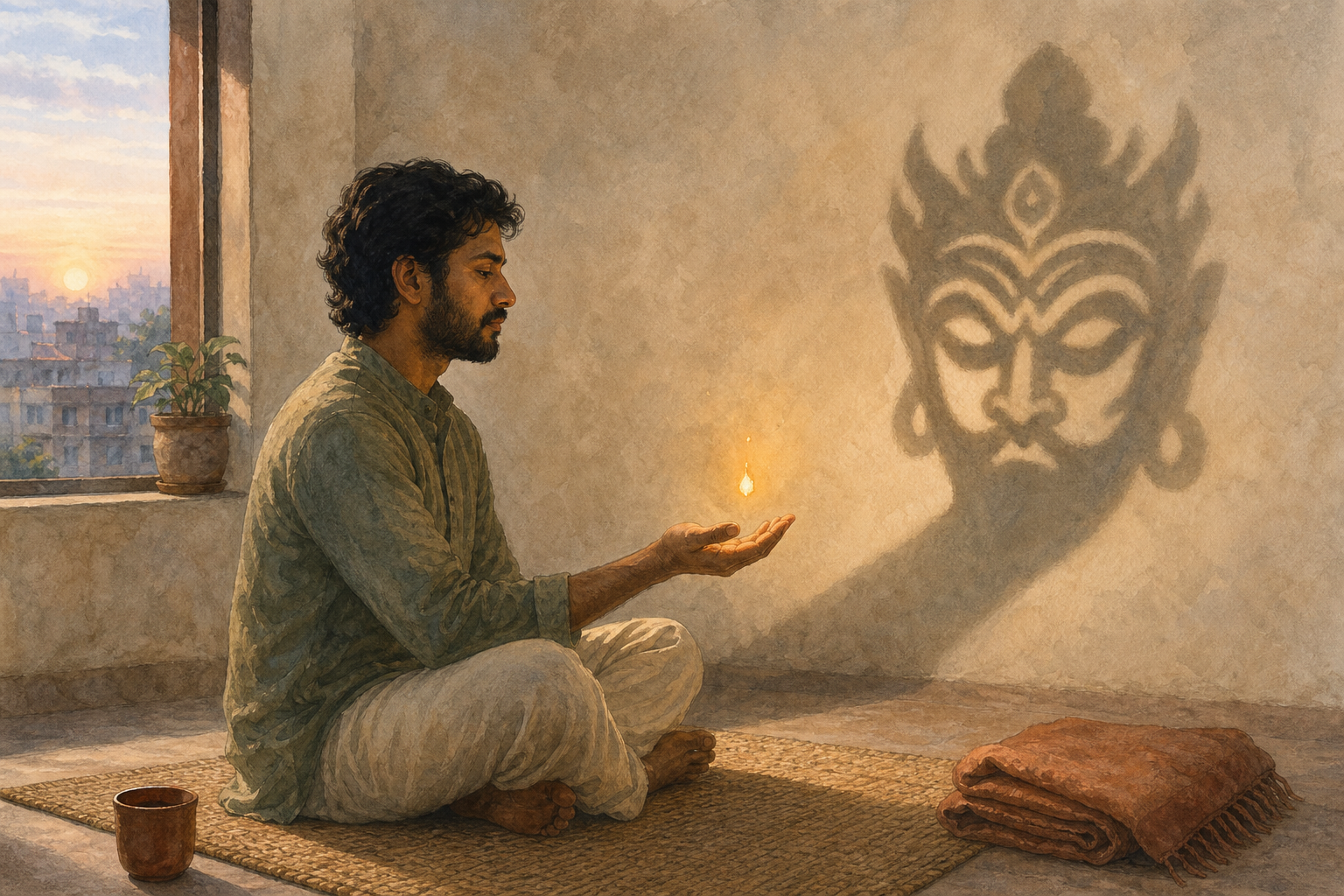 A seated person observes a small glowing ember near their palm while it casts a large mask-shaped shadow on the wall behind them.