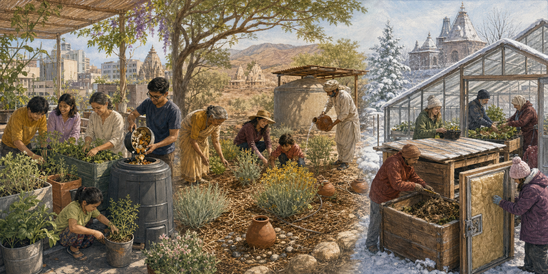 Illustration shows an urban rooftop sangha, a dry-climate rural community, and a cold-climate temple using different small-scale stewardship practices.