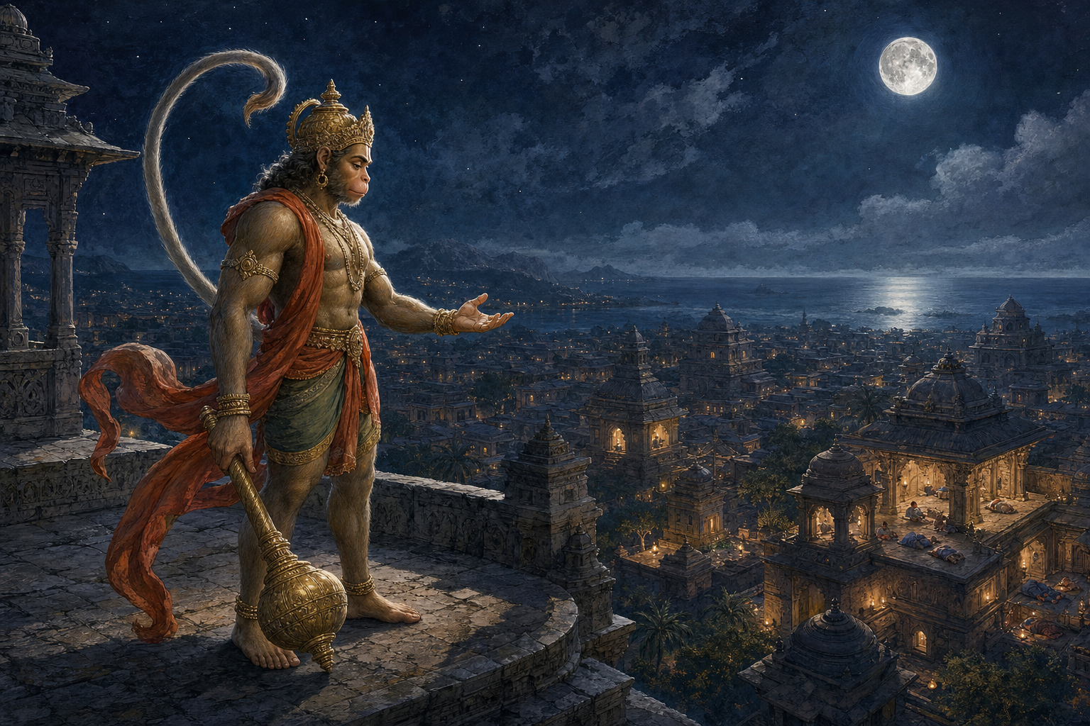 Hanuman pauses on a moonlit terrace above Lanka with his mace lowered as warm lamps glow among the buildings below.