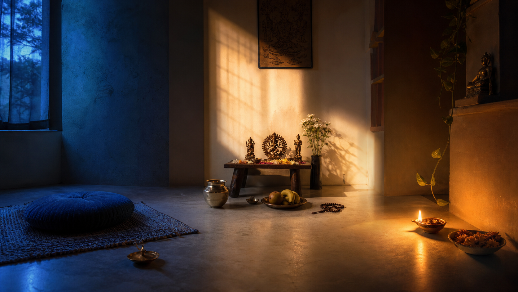 A simple home prayer space shown through pre-dawn, daylight, and evening, with a meditation cushion, offerings, prayer beads, and a glowing diya.