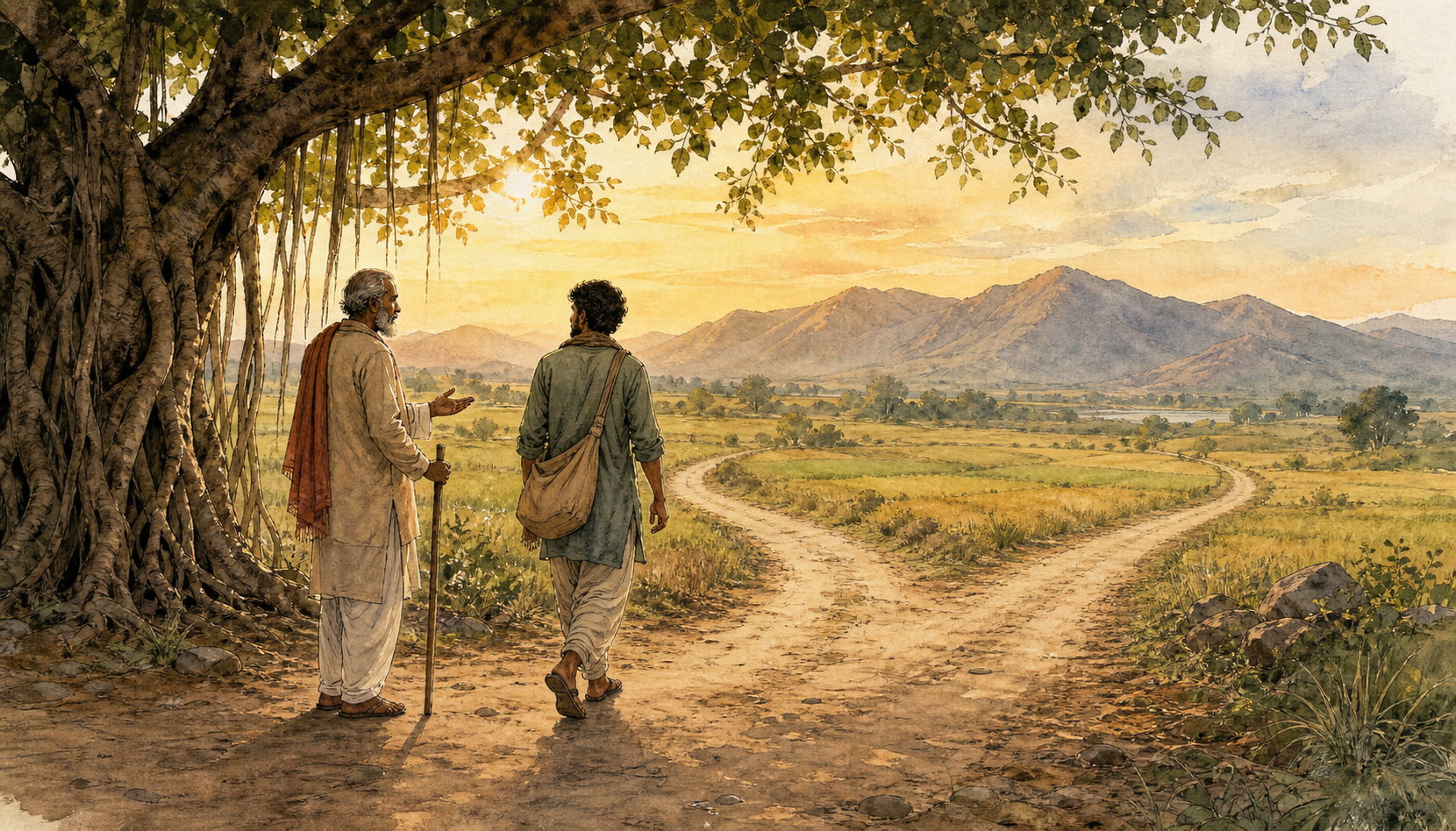 A mentor stands beneath a banyan tree with an open hand while a traveler independently steps onto one of two paths.