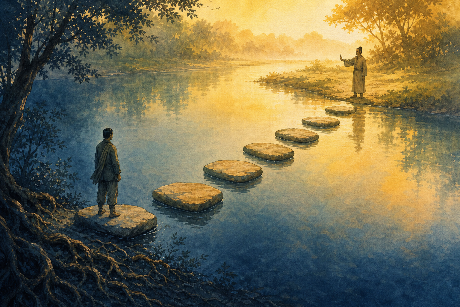 A traveler pauses before seven stepping stones crossing a reflective pool while another person stands on a separate bank with an open palm.