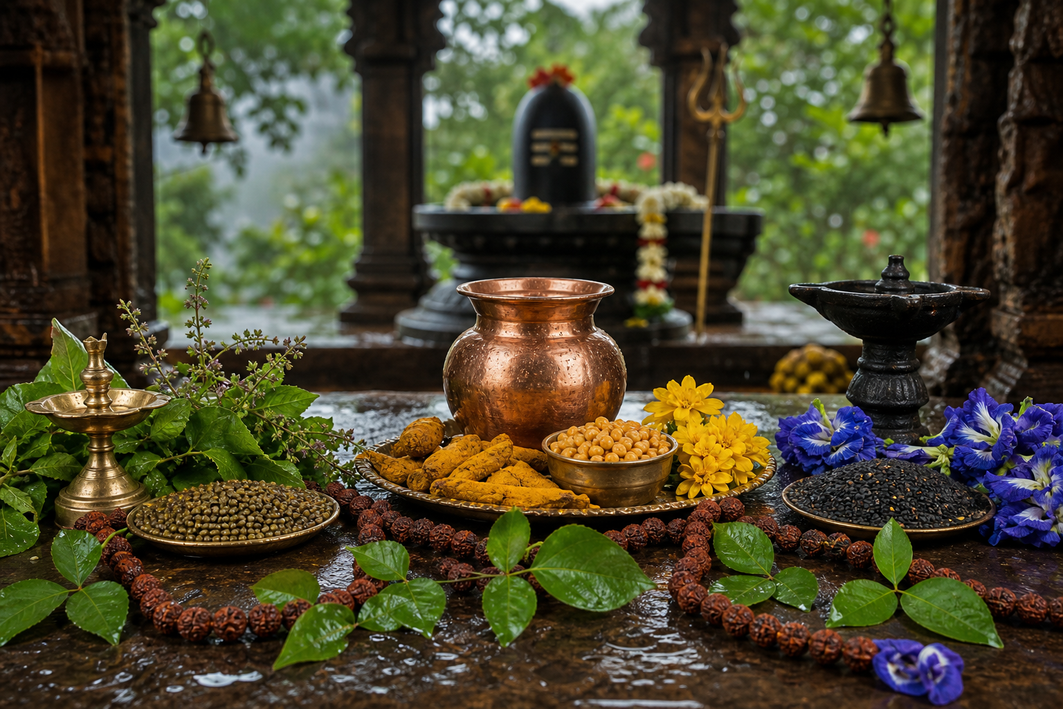 Three color-coded devotional arrangements with lamps, flowers, grains, rudraksha beads and bilva leaves before a Shiva shrine.