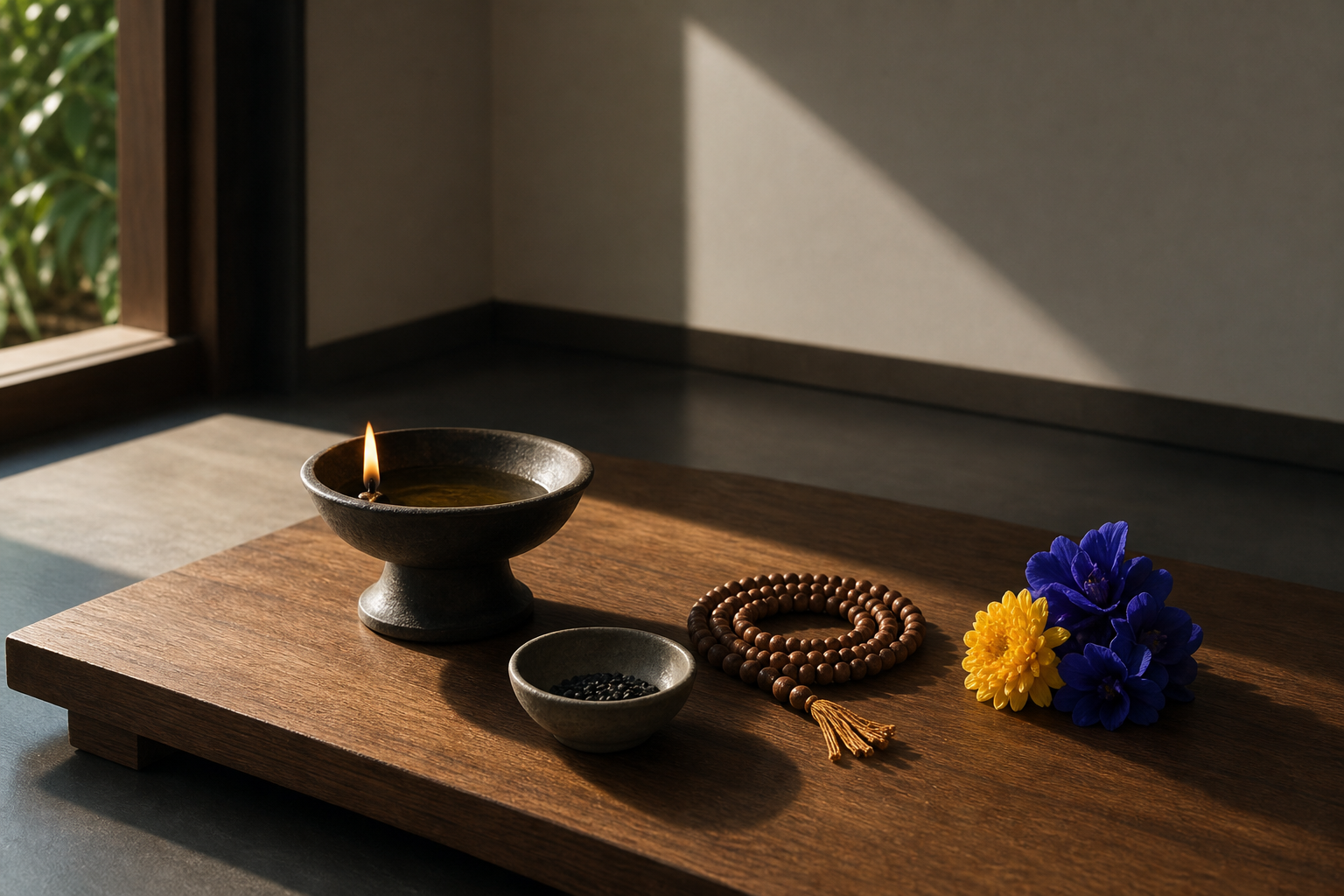 A restrained Saturday prayer arrangement with an oil lamp, black sesame seeds, prayer beads, and a small cluster of flowers on a wooden platform.