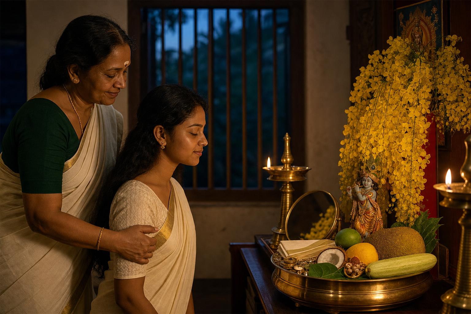 An older woman guides a younger family member with closed eyes toward a lamp-lit Vishukkani arranged with flowers, fruit, rice, a mirror, and a Krishna murti.
