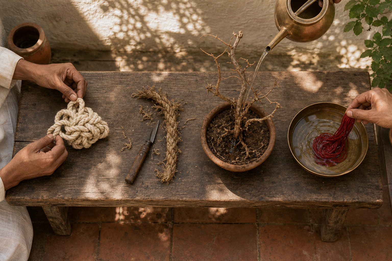 A pair of hands uses different responses for a knotted cord, a frayed rope, a dry vine, and a loose thread on a courtyard workbench.