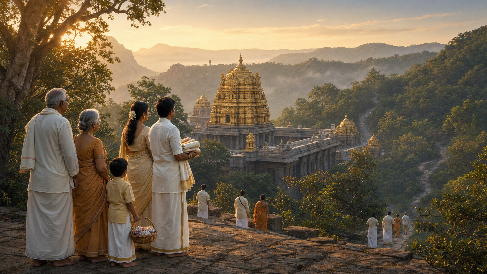 A multigenerational pilgrim family overlooks the Tirumala temple complex and forested hills at dawn.