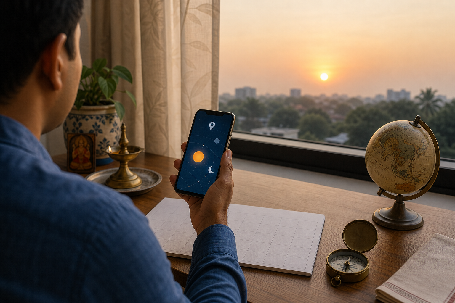 A person at a desk checks a smartphone beside a globe, compass, and blank calendar while sunlight enters through a window.