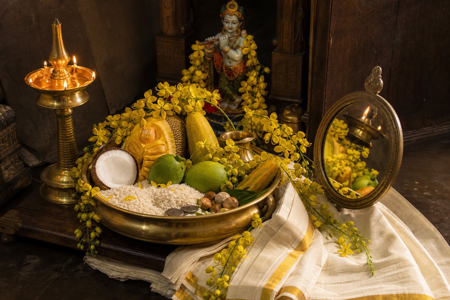 A complete Vishukkani with a Krishna murti, oil lamp, mirror, yellow flowers, rice, fruit, vegetables, coins, and folded kasavu cloth.