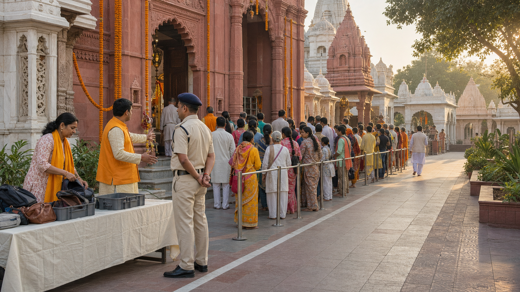 Devotees form an orderly queue outside a Delhi temple while a volunteer and security officer calmly supervise the entrance.