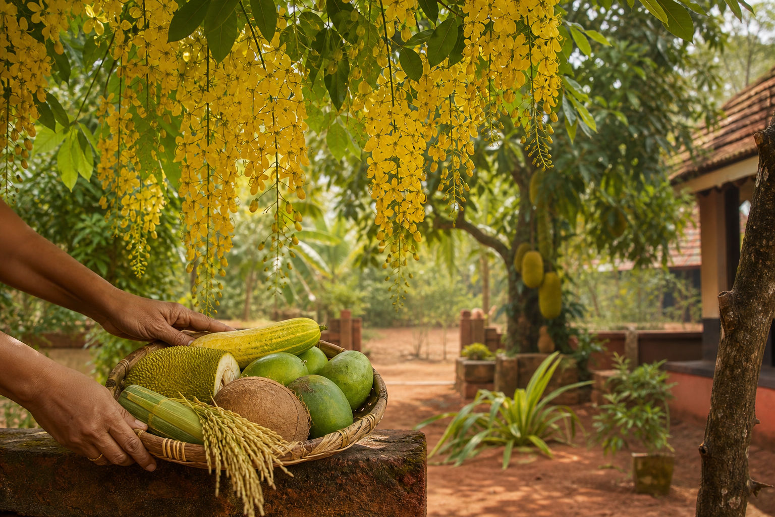 Hands place cucumber, mangoes, coconut, jackfruit, and rice in a basket beneath flowering golden shower tree branches in a Kerala courtyard.