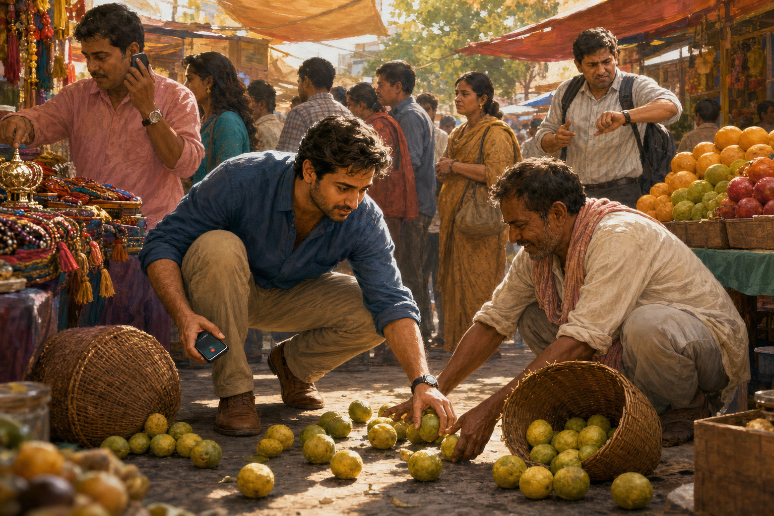 A person helps a market vendor collect spilled fruit while shoppers, a phone, merchandise, and a busy queue compete for attention nearby.