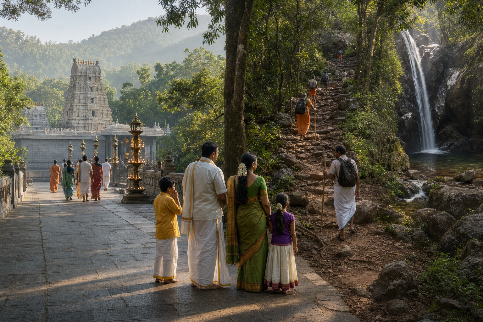 Pilgrims pause where one path leads to a Tirumala temple courtyard and another climbs through the forest toward a rocky sacred pool.
