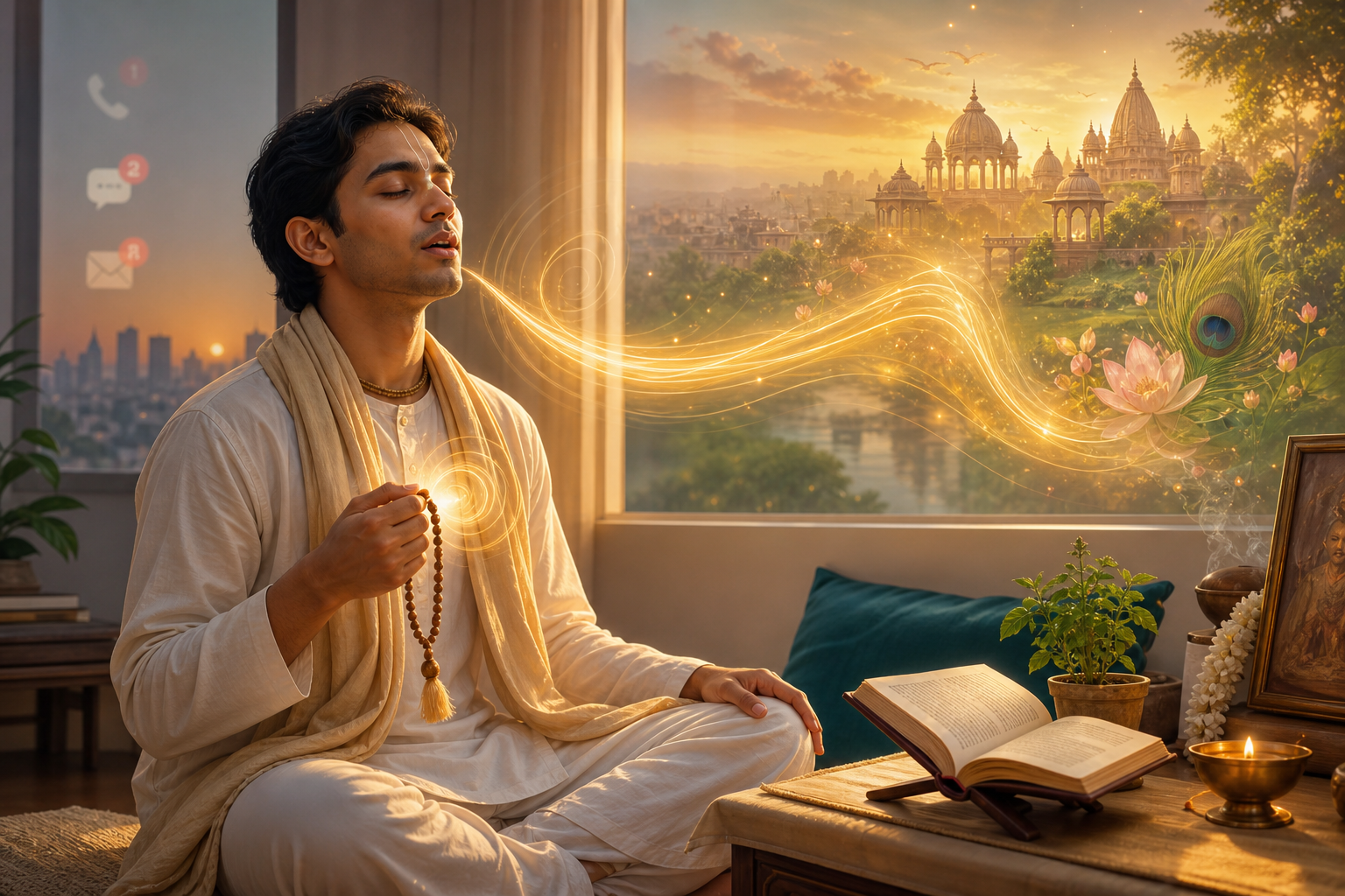 Bhakti practitioner chanting with japa beads beside a Bhagavad Gita as golden sound flows toward temple domes.
